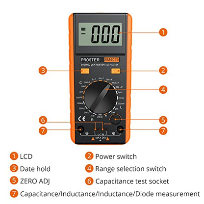 Proster LCR Meter - Capacitance Resistance Inductance Digital LCR Multimeter with LCD Over-Range Display - color: Yellow