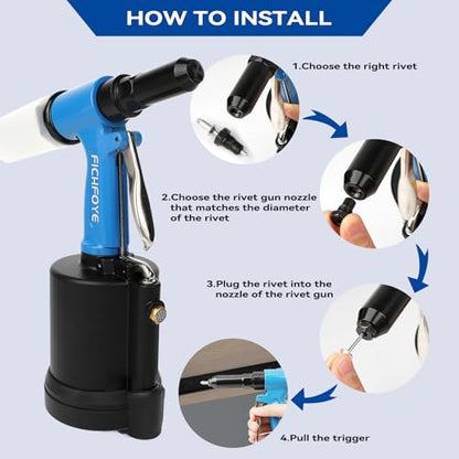 Heavy Duty Pneumatic Rivet Gun with 3/32", 1/8", 5/32", 3/16" Rivet Heads | 3500 lbf Rivet Gun Set for Automotive, Construction, Manufacturing Industries - color: Blue, size: 4 Nozzles