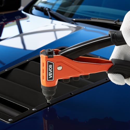 VEVOR Pop Rivet Gun Kit, with 200 Blind Rivets, Heavy Duty Single Hand Riveter with 4 Interchangeable Nosepieces, 4 Drill Bits, and a Carrying Case, Manual Riveting Tool for Metal, Automotive, Home - size: 9", style: RIVET GUN