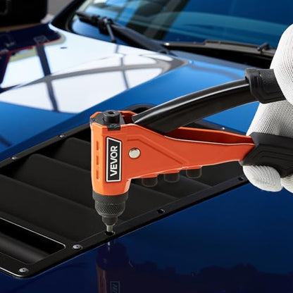 VEVOR Pop Rivet Gun Kit, with 200 Blind Rivets, Heavy Duty Single Hand Riveter with 4 Interchangeable Nosepieces, 4 Drill Bits, and a Carrying Case, Manual Riveting Tool for Metal, Automotive, Home - size: 9", style: RIVET GUN