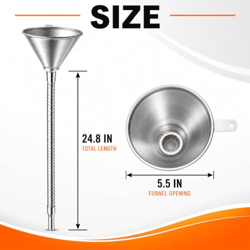 24.8" Funnels for Automotive Use, Steel Bendable Spout Funnel, Galvanized Funnel with Screen Screen, Ideal for Filling All Oils, Diesel, Gasoline and conveying Other Liquids