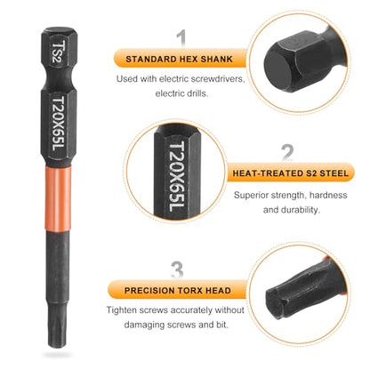 HARFINGTON 3pcs T20 Torx Head Screwdriver Bit 2.56" (65mm) Long 1/4" Hex Shank Magnetic No Hole Tamper Proof 6 Point Star Screw Driver Drill Bits Phosphate S2 Steel Industrial Power Tools - size: T20