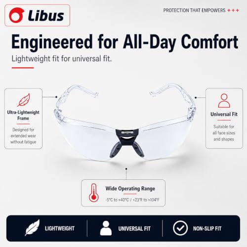 LIBUS Safety Glasses, Clear Anti-fog & Scratch, ANSI Z87.1, UV Protection, Front/Side Spark & Dust Shield, Polycarbonate Lens - size: Pack of 10