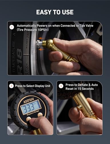 AstroAI Tire Pressure Gauge for Cars with Backlit LED, Solid Brass with Rubber Hose, Air Bleeder Valve, ANSI B40.7 Grade 2A(±0.5%), 3-250PSI - size: 3-250PSI