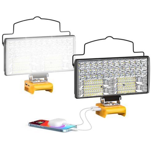 LIVOWALNY 148W LED Work Light Compatible with Dewalt Battery, 2PCS 14800LM Flashlight with USB A & USB C Output Port Low Voltage Protection, Portable Floodlight Outdoor Lights(Tool Only) - color: 148W, size: 148W-2 Pack