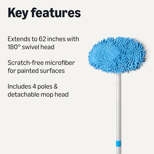 Amazon Basics Car Wash Brush with Long Handle, Scratch-Free Microfiber Mop Mitt, Swivel Head, Detachable Head, Extends to 62 inches with 4 Poles, for Car RV Truck, Blue