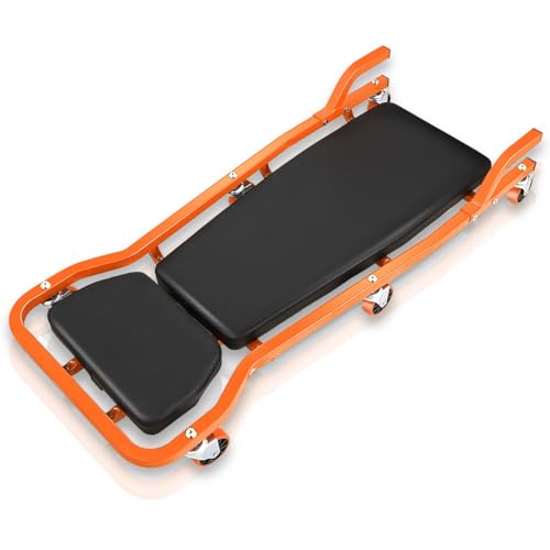 Auto Dynasty 42.5 Inches Mechanic Creeper, Automotive Garage Repair Low Profile Under Car Rolling Creeper with 3-Level Adjustable Padded Headrest and Side Tool Tray, Steel, Orange - color: Orange