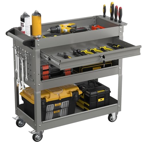 3 Tier Heavy Duty Rolling Tool Cart with Drawers, Large Storage Utility Cart on Wheels for Garage, Warehouse, Repair Shop (Gray) - color: Gray