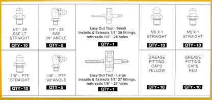 LockNLube Complete Grease Fitting Replacement Kit - SAE and metric Zerks, multi-tools, fitting caps