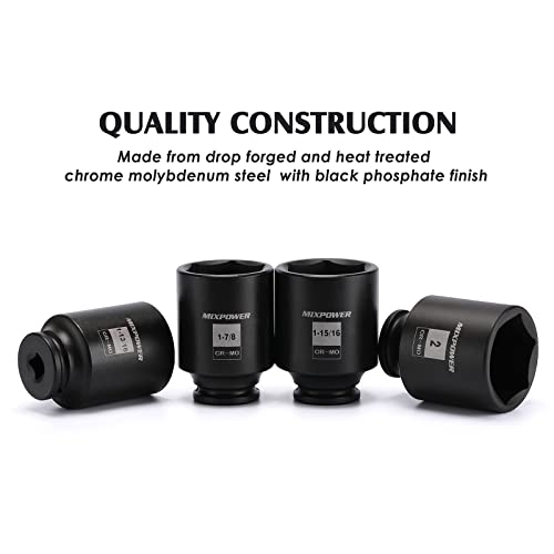 MIXPOWER 1/2-Inch Drive Deep Impact Socket Set, Inch, Cr-Mo, 6 Point, 1-13/16",1-7/8", 1-15/16", 2", 4-Pieces 1/2" Dr. Spindle Axle Nut Impact Socket Set, Impact Grade - size: Deep