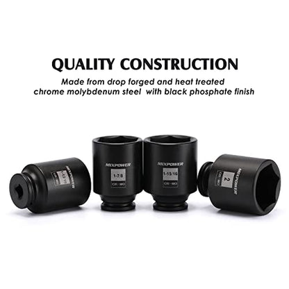 MIXPOWER 1/2-Inch Drive Deep Impact Socket Set, Inch, Cr-Mo, 6 Point, 1-13/16",1-7/8", 1-15/16", 2", 4-Pieces 1/2" Dr. Spindle Axle Nut Impact Socket Set, Impact Grade - size: Deep