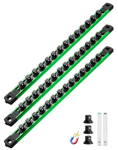 ALOANES Magnetic Socket Organizer Set, 3-Piece Heavy Duty Aluminum Socket Rails, 360° Swivel Clips Socket Rail Kit for Tool Tray Drawer Fit 3/8-Inch x 42 Clips (Green, 3PC) - color: Green, size: 3PC, 3/8-Inch Drive