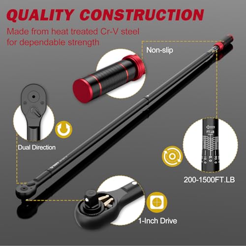 VANPO 1-inch Drive Click Torque Wrench, 200-1500 Ft-Lb, 70.87" Length | 271.0-2032.5 Nm, 24-Tooth, Heavy-Duty Torque Wrench Set with Hex Key for Construction Equipment & Large Engines - size: 1-Inch(200-1500 Ft-Lb/271.0-2032.5 Nm)