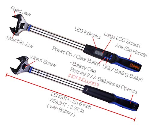 Adjustable Digital Torque Wrench, 7.4 to 147.5 ft-lb. Torque Range, 10-41 mm Adjustable Jaw, Set Target Torque, Buzzer and LED Indicator, Large LCD Display, Calibrated (WEA12-200CN)
