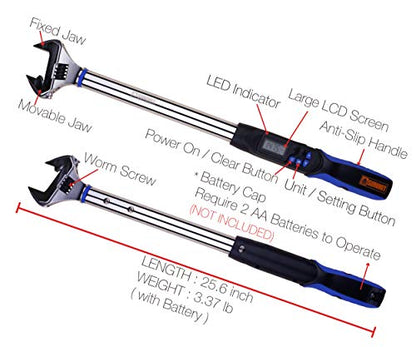 Adjustable Digital Torque Wrench, 7.4 to 147.5 ft-lb. Torque Range, 10-41 mm Adjustable Jaw, Set Target Torque, Buzzer and LED Indicator, Large LCD Display, Calibrated (WEA12-200CN)