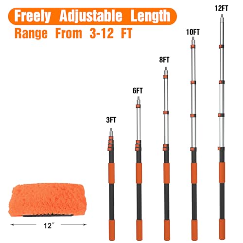 LAANPOLE 12FT Car Wash Brush with Long Handle, Car Cleaning Kit with Soft Bristle Wash Brush, Microfiber Cleaning Mop, Window Squeegee, Mitt, Wheel Brush, Bucket, Drying Towel for RV, Truck, Boat - size: 12FT