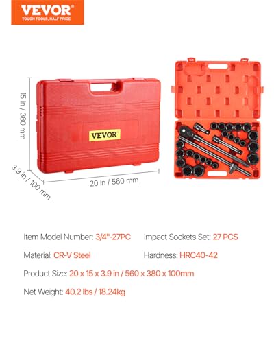 VEVOR Impact Socket Set, 3/4 Inches Socket Assortment, Drive Socket Set Impact Standard SAE (7/8 Inches to 2 Inches) & Metric Sizes (22 mm-50 mm), 27 Piece Standard Impact Sockets - style: 3/4" 27PCS