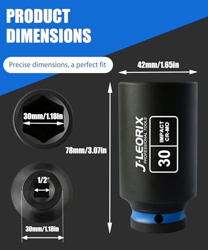 30mm Deep Impact Socket 1/2" Drive CR-MO Steel 6-Point | CR-MO steel impact socket set. 1/2" drive, 6-point design. Deep reach for lug nuts & axle nuts. - size: 30mm