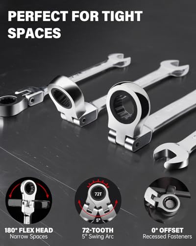 ROTATION 32 Piece Metric Flex-Head Ratcheting Wrench Set, 6-22mm Combination Ratcheting Wrenches with Hex Keys, Bits, and 1/4" Adapter, Chrome Vanadium Steel, Includes Storage Case - size: Metric