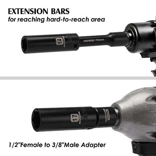 MIXPOWER 3/8" Drive Deep Impact Socket Set, 6 Point, 31 Piece SAE and Metric Socket Set, 7-22mm, 5/16"-1", Cr-V Steel Mechanic Socket Set - size: 9/32" - 1" (Deep)