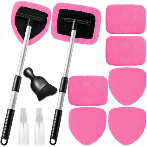 Qydipclin 11pcs Windshield Cleaner Tool, Car Window Cleaning Wash Kit with 6 Reusable Microfiber Pads 2 Spray Bottles and Extendable Handles Auto Glass Wiper Kit, Pink - color: Pink