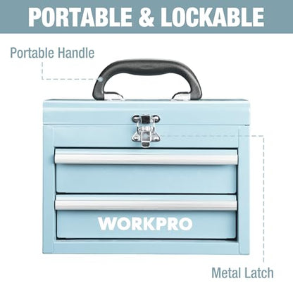 WORKPRO Portable Mini Tool Box, 2 Drawers Metal Tool Chest with Ball Bearing Slides, Top Storage with Latch, Ergonomic Carrying Handle, Mechanic Toolbox with PVC Liners and PP Feet Pads - color: Macaron Blue