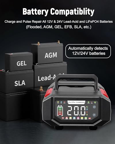 1-20A Smart Battery Charger, 12V/24V Automatic Automotive Battery Maintainer & Desulfator with Temperature Compensation, Adjustable Amp Trickle Charger for Lead-Acid, AGM, Gel, LiFePO4 - color: Red