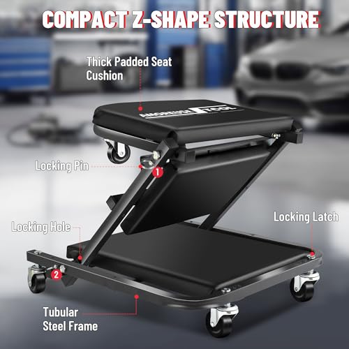 36" Folding Creeper with Tire Kit & 5 Boxes, 330 LBS, 6 Casters | Steel folding creeper converts to seat. Low 4.5" profile. Folds flat. 6 swivel casters. - color: Black with Tire Kit & Storage