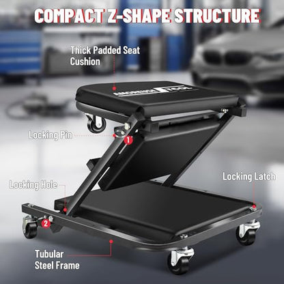 36" Folding Creeper with Tire Kit & 5 Boxes, 330 LBS, 6 Casters | Steel folding creeper converts to seat. Low 4.5" profile. Folds flat. 6 swivel casters. - color: Black with Tire Kit & Storage