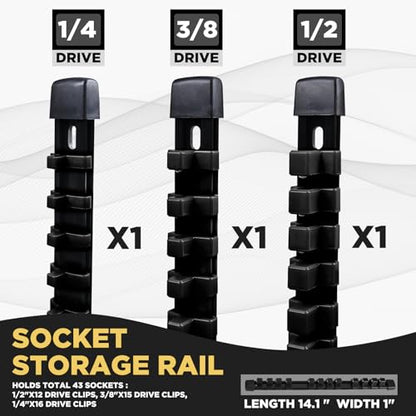 Socket Organizer Set 3PCS ABS Holder Kit, 1/4-Inch x 16, 3/8-Inch x 15, 1/2-Inch x 12 Clips, Drive Tray, Rail, Black - color: Black, size: 3PC 1/4x1,3/8x1,1/2x1