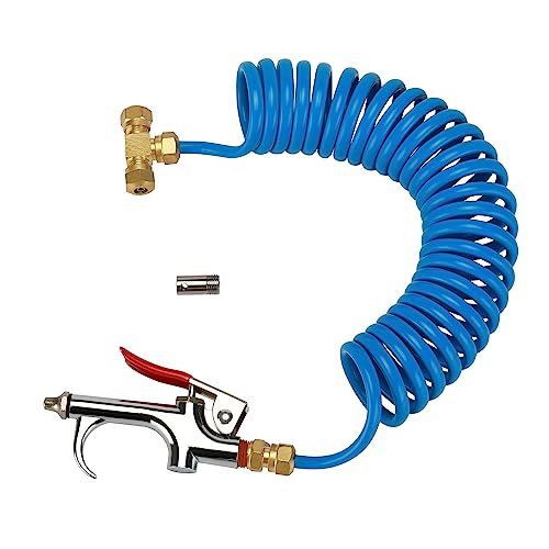 Heavy Duty Truck Air Seat Blow Gun Kit, Lever Air Blow Gun with 2 Nozzle Tips, 1/4 Inch NPT X 11.5 Feet Nylon Coil Air Hose. Air Duster Blow Gun, Dust Cleaner with Nozzles, Blue - size: Blue Hose