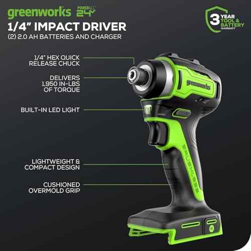 Greenworks 24V Brushless 2PCS Cordless Power Tool Combo Kit, 1950 in-lbs Impact Driver and 530 in-lbs Hammer Drill, with a 2Ah Battery and 2A Fast charger - size: 2PCS Combo Kits(Hammer Drill+Driver)
