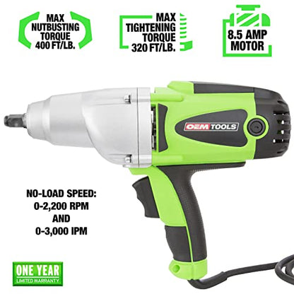 OEMTOOLS 24666 1/2” Drive Heavy Duty Impact Wrench, Corded 120v Impact Driver for Lug Nuts, Home Repairs, Automotive Maintenance, 8.5 Amp Electric Wrench, 400 Ft/Lb Maximum Torque | 120v Impact Driver, 400 Ft/Lb Maximum Torque, Cast Aluminum Gear Head, Ru