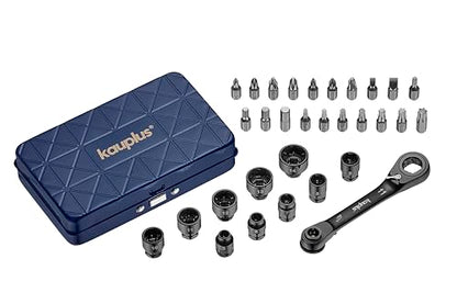 1/4” Mini Reversible Ratchet Wrench Tool Kit, 32 PCS Low Profile Bit Socket Set, Non-Slip Socket Ratcheting Wrench Tool Box, 5MM-14MM…