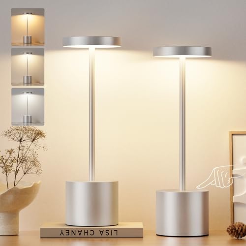 Kakanuo Silver Gray Cordless Lamp Set, Rechargeable Lamp, 3 Color Temperature, LED Outdoor Wireless Lamps, Battery Operated Lamps, Stepless Dimmable, Touch Control - color: Silver Gray