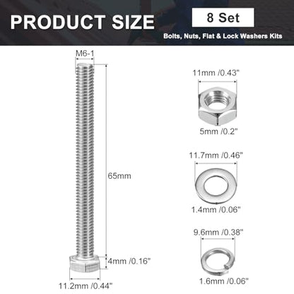 uxcell M6 x 65mm Hex Head Screws Bolts, Nuts, Flat & Lock Washers Kits, 304 Stainless Steel Fully Thread Hexagon Bolts 8 Sets - size: M6 x 65mm