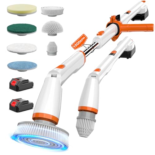 Cordless Electric Spin Scrubber with Smart Display, 1500RPM Powerful Cleaning, 4000mAh Rechargeable Battery, 7 Replaceable Brushes – Ideal for Bathtub, Tile, Floor & Shower - color: White Orange