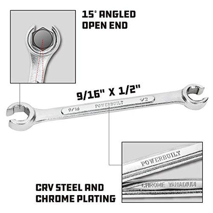 Powerbuilt 1/2-Inch x 9/16-Inch SAE Flare Nut Wrench, 6 Point Double Open Ends, For hose and brass fittings, For Brake Line Wrench, Chrome-Vanadium made - 644034 - style: 1/2-Inch x 9/16-Inch