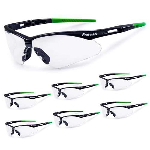 ProtectX Safety Glasses for Men & Women, Safety Sunglasses with Anti-Fog Scratch Resistant Lenses, Non-Slip Grips, ANSI Z87.1 - color: Evergreen Clear 6 Pk