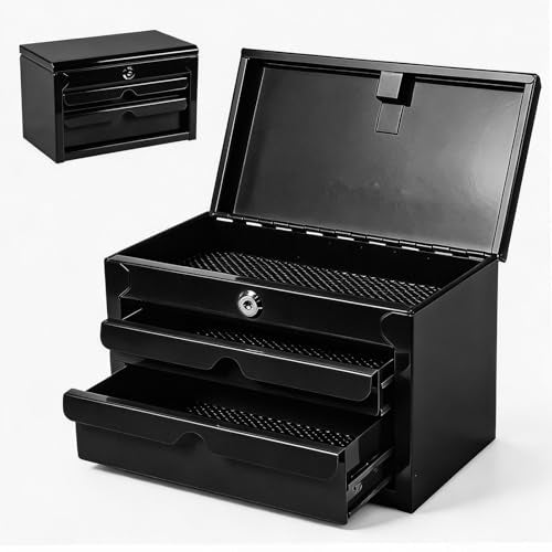 JACK BOSS Mini Tool Box with Two Drawers,Small Metal Tool Box with Lockable Top Storage,Multi-Purpose Portable Tool Boxes Case Organizer,Small Tool Chest with PVC Mats,L10.8"×W6.6"×H7",Black - color: Black
