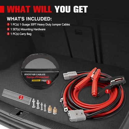FIERYRED 1 Gauge 30 FT Quick Connect Jumper Cables, 1000A Heavy Duty Booster Cables with Travel Bag, Heavy Duty Battery Jumper Cable for Truck, Diesel Trucks, SUV and Car - size: 1 Gauge 30 FT w/Andersen Connector