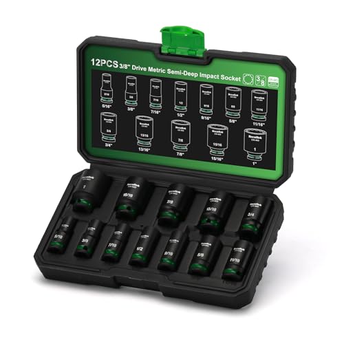 TecoTek 3/8-Inch Drive 12-Point SAE Semi-Deep Impact Socket Set, Mid-Length Socket Set, 5/16-Inch to 1-Inch, CR-MO, Stamped and Ink Filled Size Marking, 12-Piece - size: 5/16-Inch to 1-Inch