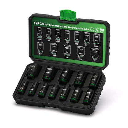 TecoTek 3/8-Inch Drive 12-Point SAE Semi-Deep Impact Socket Set, Mid-Length Socket Set, 5/16-Inch to 1-Inch, CR-MO, Stamped and Ink Filled Size Marking, 12-Piece - size: 5/16-Inch to 1-Inch