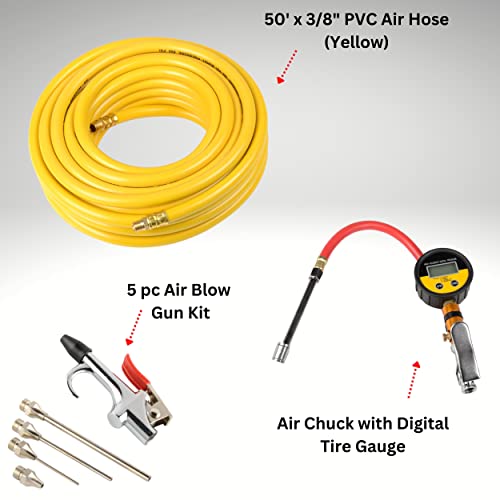 ATE Pro. USA- 19pc Air Tool & Accessory Combo Kit, 50' x 3/8" Air Hose, Air Chuck w/Digital Tire Gauge, Brass Air Coupler Set, Air Hose Repair Kit, Air Blow Gun Kit, 3/8" x 1/2" Quick connect Adapter