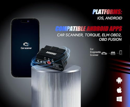 OBD2 Scanner Bluetooth 5.0 for iPhone & Android - 12 Protocols & J1939 Supported, Car Diagnostic Scan Tool, Check Engine Code Reader, Compatible with Torque & CarScanner (VIP), No Subscription Fee