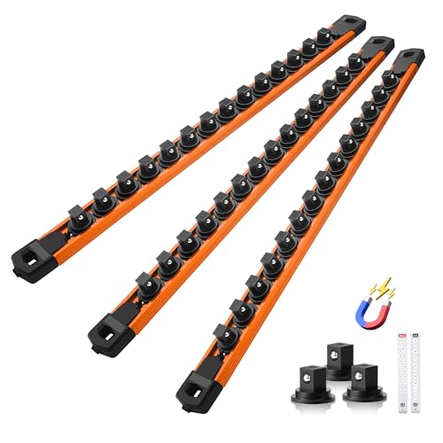 Reniteco Magnetic Socket Organizer Set, 3-Pack 3/8” Socket Rails | 42 Clips, Heavy-Duty Aluminum Alloy Rails, Removable 360° Swivel ABS Clips, Magnetic Base, Tool Box Drawer or Wall Mount - color: Orange, size: 3/8-Inch Drive,3pc