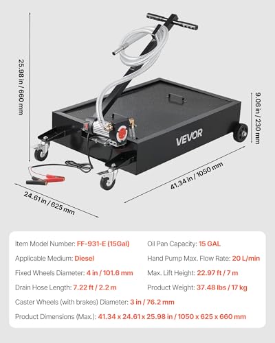 VEVOR Low Profile Oil Drain Pan, 15 Gallon Capacity, Rolling Oil Drain Pan with Electric Pump & 7.2 ft Hose, Leak-Proof & Corrosion-Resistant, Fit for Cars, SUVs, Trucks, Motorcycles, ATVs, Metal - size: 41.34 x 24.61 x 25.98 in