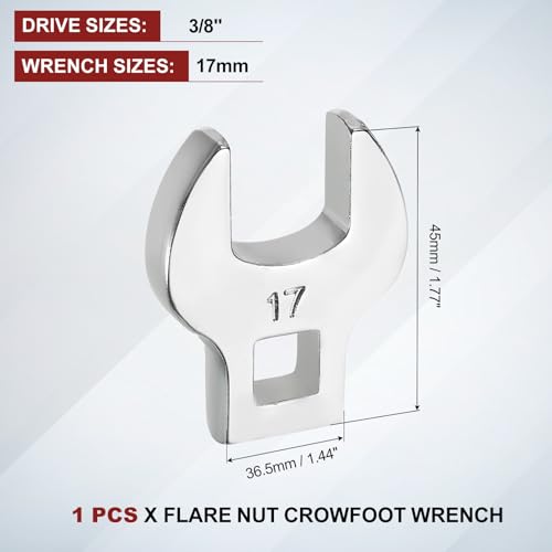 HARFINGTON Drive Crowfoot Wrench 3/8 Inch 17mm Metric Flare Nut Wrench CR-V Steel Electroplating Open End Crowfoot Spanner for Automotive Repair Mechanics, Bright Silver - size: 3/8 Inch x 17mm