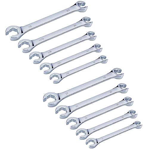 10-Piece Complete Metric and SAE Flare Nut Wrench Set with Pouch | Metric 9mm - 21mm, Inch 1/4” - 7/8” | Cr-V Steel, 6-Point Double-End Design, Perfect Line Wrench for Fuel, Brake and Air Conditioning