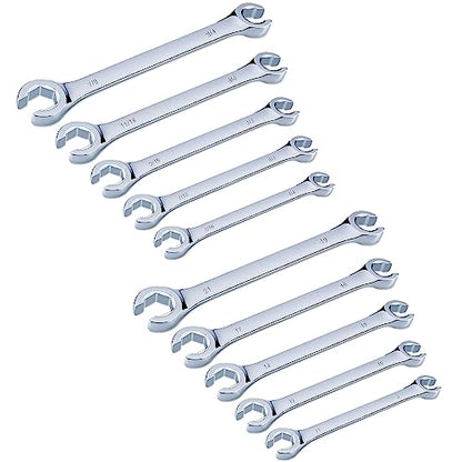 10-Piece Complete Metric and SAE Flare Nut Wrench Set with Pouch | Metric 9mm - 21mm, Inch 1/4” - 7/8” | Cr-V Steel, 6-Point Double-End Design, Perfect Line Wrench for Fuel, Brake and Air Conditioning